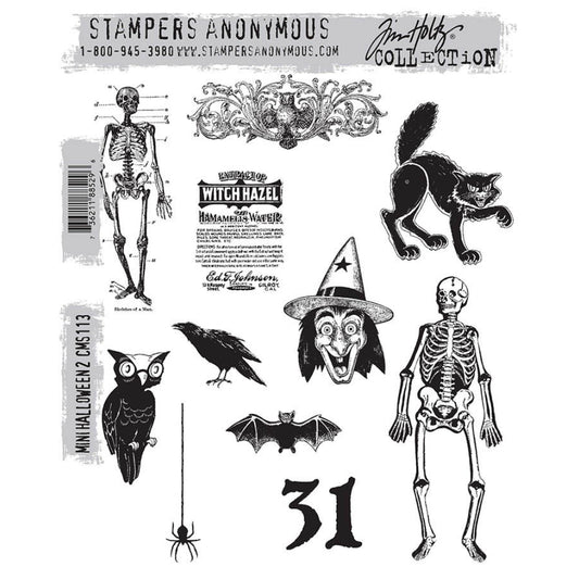 Mini Halloween (set 2) ... by Tim Holtz and Stampers Anonymous (CMS113). Set includes 11 (eleven) deeply etched red rubber art stamps with designs for creating fun greeting cards, journal pages, scrapbooking, art, postcards, tags, mixed media, visual arts and papercrafts. Create some spooktacularly fun makes with these designs of skeletons, witch, owls, cat, birds (crow, raven), bat, spider, and the number 31.