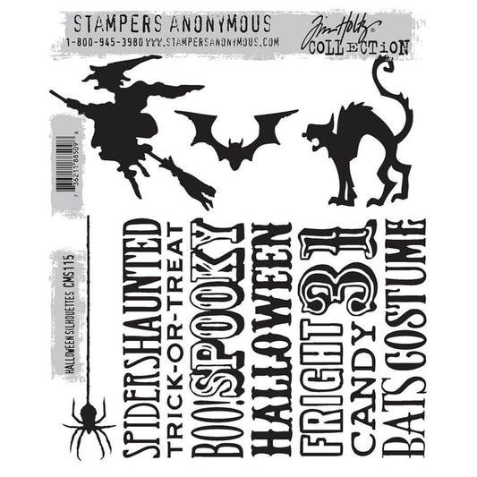 Halloween Silhouettes ... by Tim Holtz and Stampers Anonymous (cms115). Set includes 5 (five) deeply etched red rubber art stamps with designs for creating fun greeting cards, journal pages, scrapbooking, art, postcards, tags, mixed media, visual arts and papercrafts. Create some spooktacularly fun makes with images are of a witch on a broomstick, flying bat, hissing cat with long tail and arched back, spider hanging on a strand of web, block of text in various styles.