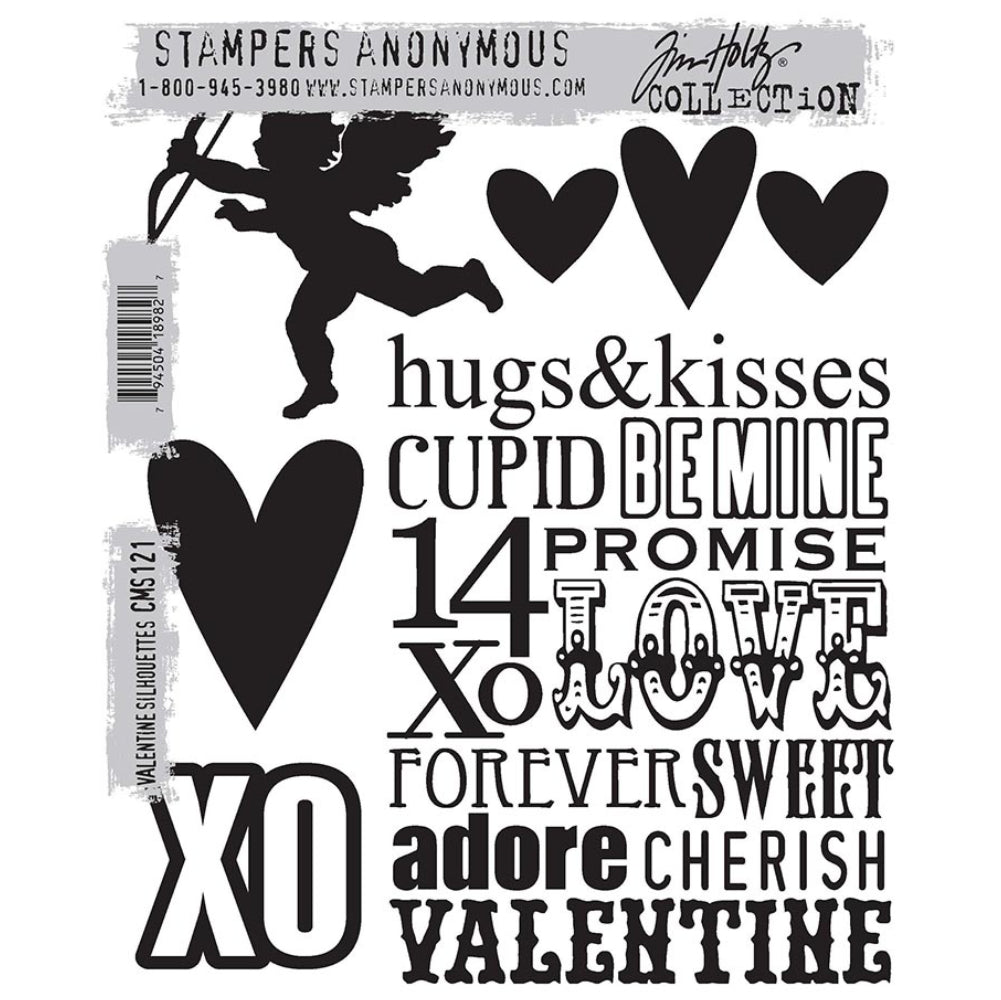 Valentine Silhouettes ... rubber stamps by Tim Holtz and Stampers Anonymous (CMS121). 5 (five) designs - flying Cupid with bow and arrow, trio of hearts, big heart, XO and background of love inspired words.

This set features a silhouette of Cupid flying through the air with feathery angel wings holding a bow (with arrow already flung far away), trio of heart shapes, larger heart, an XO in a thick outline, and a background stamp with a collection of wonderful words and phrases 