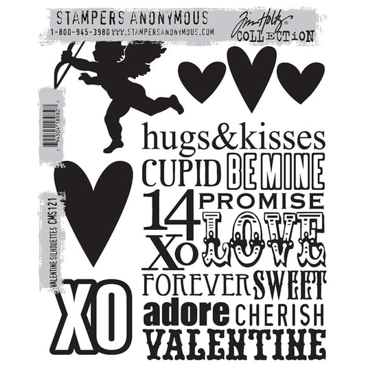 Valentine Silhouettes ... rubber stamps by Tim Holtz and Stampers Anonymous (CMS121). 5 (five) designs - flying Cupid with bow and arrow, trio of hearts, big heart, XO and background of love inspired words.

This set features a silhouette of Cupid flying through the air with feathery angel wings holding a bow (with arrow already flung far away), trio of heart shapes, larger heart, an XO in a thick outline, and a background stamp with a collection of wonderful words and phrases 
