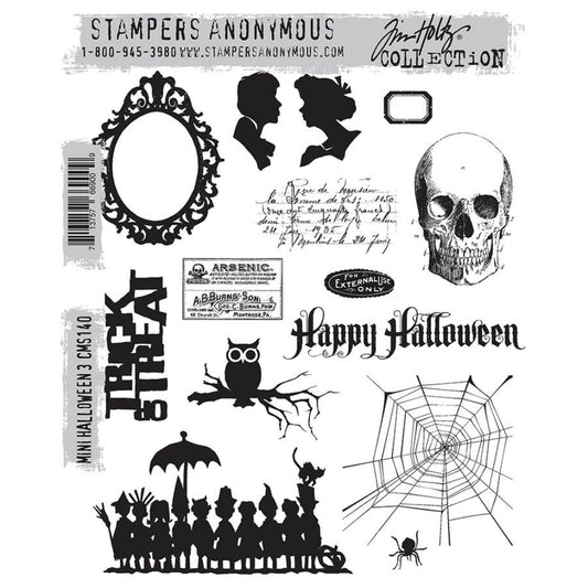 Mini Halloween (set 3) ... by Tim Holtz and Stampers Anonymous (CMS140).&nbsp;Set includes 14 (fourteen) deeply etched red rubber art stamps with designs for creating fun greeting cards, journal pages, scrapbooking, art, postcards, tags, mixed media, visual arts and papercrafts. Create some spooktacularly fun makes with these designs of portraits, skull, ornate oval frame, owl on branch, costume party of children, spider web, text for happy halloween and trick or treat.
