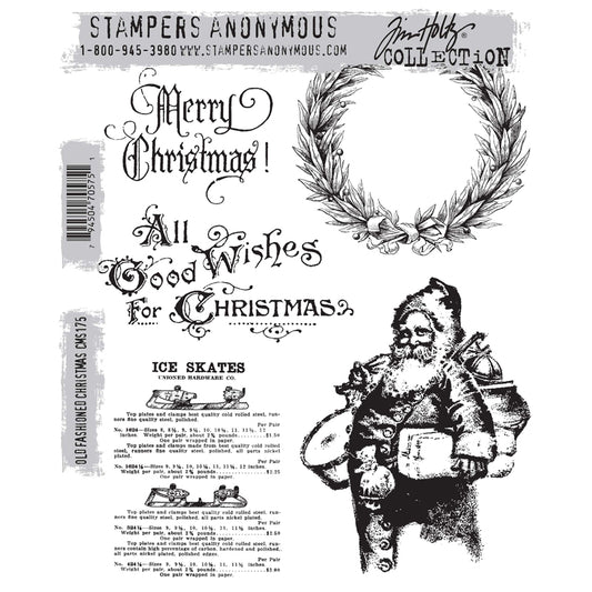 Old Fashioned Christmas ... red rubber stamp set by Tim Holtz and Stampers Anonymous (CMS175). Greetings, foliage wreath, Santa Claus and advert for Ice Skates. Perfect for making junk journals, accordion booklets, ATCs and cards, journal pages, scrapbooking, art, postcards, tags, mixed media and other crafty papercrafts. 5 (five) designs.

This set has two greetings in a beautiful olde worlde typestyle (see pic) - Merry Christmas, All Good Wishes for Christmas 