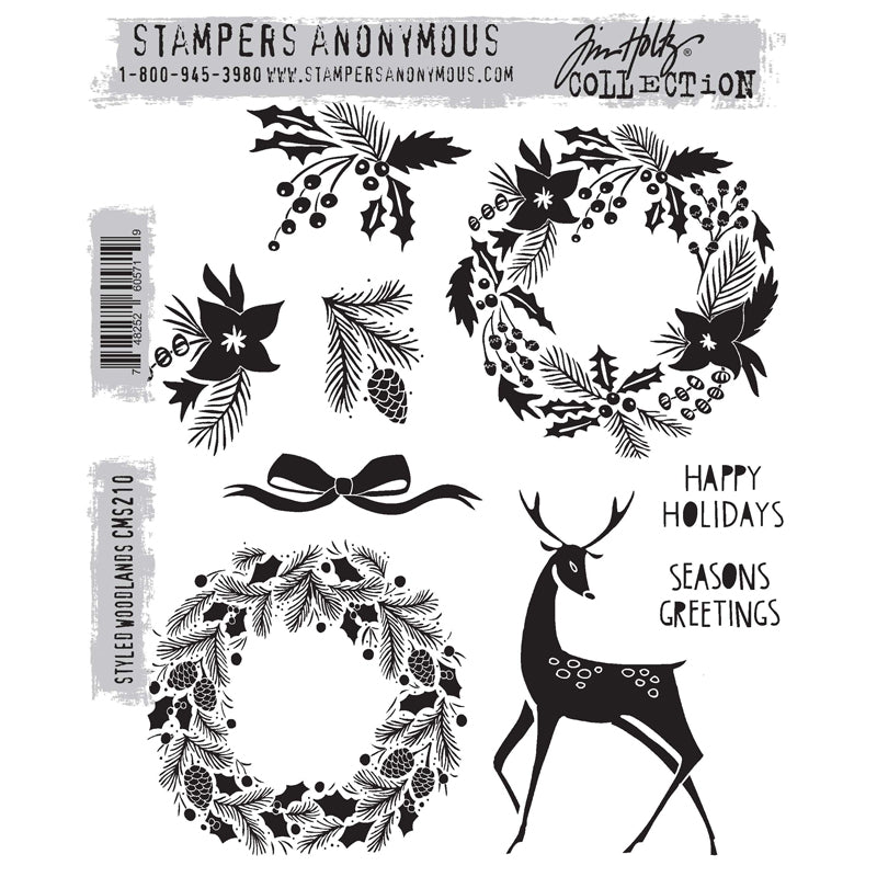 Styled Woodlands ... red rubber stamp set by Tim Holtz and Stampers Anonymous (cms210). Designs for creating junk journals, accordion booklets, ATCs and cards, journal pages, scrapbooking, art, postcards, tags, mixed media and other crafty papercrafts. 9 (nine) designs. modern styles of holly and pine wreaths, a wonderful reindeer, sweet ribbon tied in a bow, sprigs of holly, poinsettia and pinecone plus two greetings in uppercase - happy holidays and seasons greetings.
