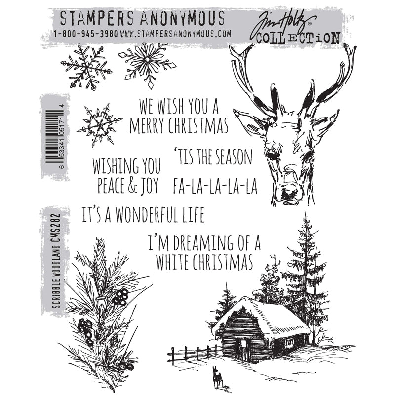 Scribble Woodland ... red rubber stamp set by Tim Holtz and Stampers Anonymous (CMS282). Snowflakes, pine branch, stag portrait, 6 greetings. Perfect for making junk journals, accordion booklets, ATCs and cards, journal pages, scrapbooking, art, postcards, tags, mixed media and other crafty papercrafts. 10 (ten) designs.

This set has vintage illustrations in a sketchy style.