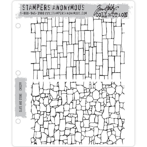 Slate and Stone - 2 (two) large background rubber stamps by Tim Holtz and Stampers Anonymous (cms299). Add the look of natural slate or rugged stone to your art with this stamp set featuring straight edged pavers (slate) in neat overlapping layers; and cobblestones or rockwall (organic shapes jumbled together). Use both for the Earthy looks of ground, roads, background patterns, building walls or simply to add wonderful texture to your art. Sizes (approx) of each stamp is 6" x 4".