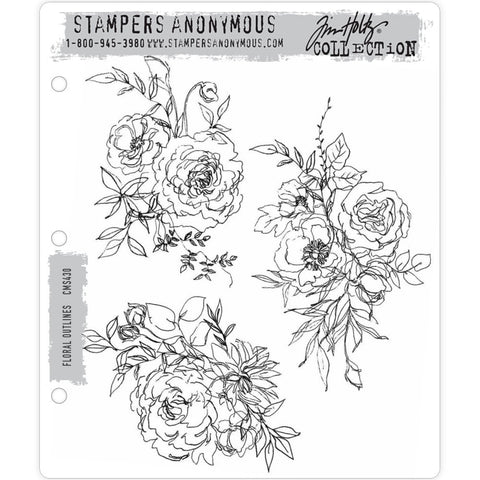 Floral Outlines ... rubber stamps by Tim Holtz and Stampers Anonymous (CMS430). 3 (three) beautiful finely drawn flowers, foliage and tendrils. This stamp set features 3 (three) intricately illustrated roses, leaves and flowers perfect for all occasions. Being a loose modern style, these gorgeous floral designs can be turned into whatever species of flower you wish, in any colour of the rainbow.