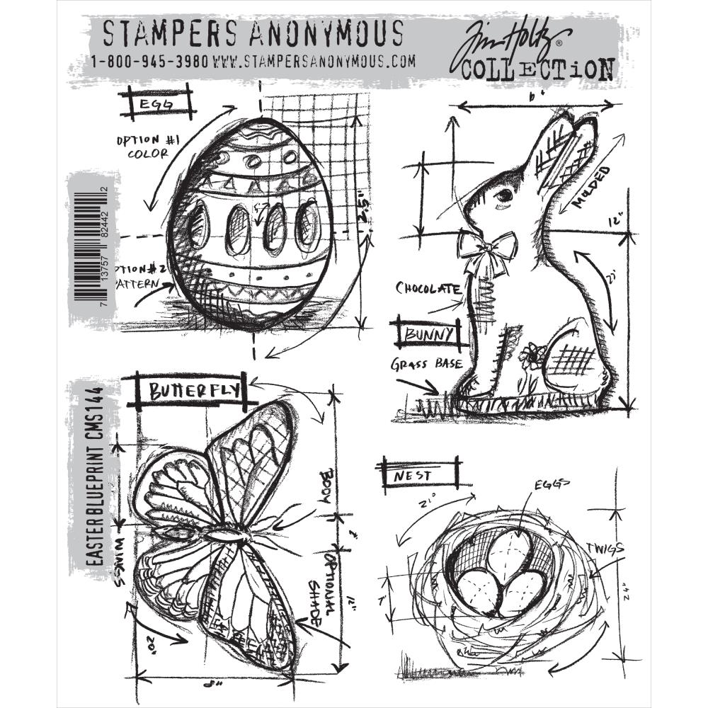 Easter Blueprint .. red rubber cling foam mounted stamps by Tim Holtz and Stampers Anonymous (CMS144). 4 (four) designs - decorated egg, sitting rabbit with bow tie, pretty butterfly, top view of a bird's nest with eggs.

Blueprint style stamps from Tim Holtz feature notations and markings often found on vintage architectural plans... ideal for backgrounds and featured elements in stamping projects.