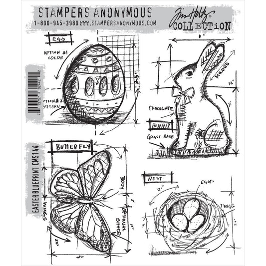 Easter Blueprint .. red rubber cling foam mounted stamps by Tim Holtz and Stampers Anonymous (CMS144). 4 (four) designs - decorated egg, sitting rabbit with bow tie, pretty butterfly, top view of a bird's nest with eggs.

Blueprint style stamps from Tim Holtz feature notations and markings often found on vintage architectural plans... ideal for backgrounds and featured elements in stamping projects.