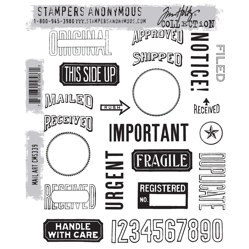 Mail Art ... by Tim Holtz and Stampers Anonymous (cms339). Selection of labels, notes, arrows, numbers and words, red rubber stamps for cardmaking, junk journals, planners, mixed media, art journaling and papercrafts. Set of 21 (twenty one) stamps. 
This collection includes a variety of authentic shipping, postage, parcel, stationery and bookkeeping labels, words, stamp images, and more.