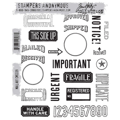 Mail Art ... by Tim Holtz and Stampers Anonymous (cms339). Selection of labels, notes, arrows, numbers and words, red rubber stamps for cardmaking, junk journals, planners, mixed media, art journaling and papercrafts. Set of 21 (twenty one) stamps. 
This collection includes a variety of authentic shipping, postage, parcel, stationery and bookkeeping labels, words, stamp images, and more.