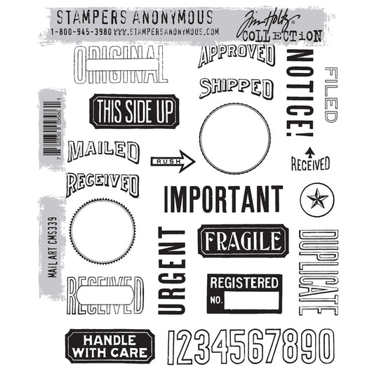 Mail Art ... by Tim Holtz and Stampers Anonymous (cms339). Selection of labels, notes, arrows, numbers and words, red rubber stamps for cardmaking, junk journals, planners, mixed media, art journaling and papercrafts. Set of 21 (twenty one) stamps. 
This collection includes a variety of authentic shipping, postage, parcel, stationery and bookkeeping labels, words, stamp images, and more.