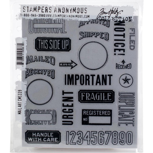 Mail Art ... by Tim Holtz and Stampers Anonymous (cms339). Selection of labels, notes, arrows, numbers and words, red rubber stamps for cardmaking, junk journals, planners, mixed media, art journaling and papercrafts. Set of 21 (twenty one) stamps. This collection includes a variety of authentic shipping, postage, parcel, stationery and bookkeeping labels, words, stamp images, and more. Photo of the red rubber set.