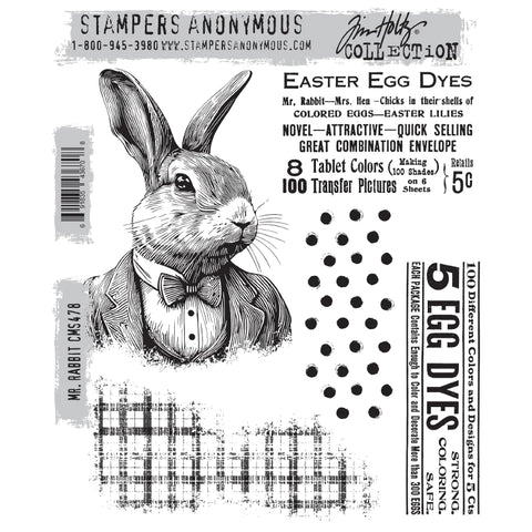 Mr Rabbit ... by Tim Holtz and Stampers Anonymous (cms478). One handsome bunny and four wonderful patterns. Set includes 5 red rubber cling mounted stamps for creating journal pages, scrapbooking, art, cards, tags, mixed media, visual arts and papercrafts. Tim Holtz's Mr Rabbit stamp set includes the most handsome bunny portrait wearing a jacket and bow tie, with complimenting textures and plates.