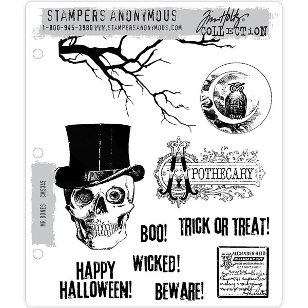 Tim Holtz Stamp Set cms345 - Mr Bones (the cool dude in the top hat) has his own collection of stamps to share with you - an owl sitting on the moon (in a circle of clouds), a beautiful Apothecary illuminated word, little square pharmacist label, an absolutely fabulous branch (can be used as a tree, branch or just add interest) plus 5 popular sayings (boo, trick or treat, wicked, beware, happy halloween - all in uppercase or capital letters).