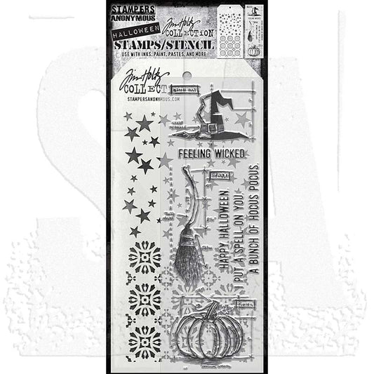 Blueprint Spells - Clear Stamps and Stencil Set ... by Tim Holtz and Stampers Anonymous. Set of 7 (seven) clear photopolymer stamps featuring blueprint style broomstick, hat and pumpkin with messages in uppercase plus 1 (one) combo stencil with 2 designs, for using in papercrafts, mixed media, journaling, scrapbooking and other creative arty adventures (THMM201).