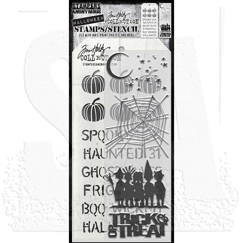 Halloween Cutouts - Clear Stamps and Stencil Set ... by Tim Holtz and Stampers Anonymous. Set of 5 (five) clear photopolymer stamps featuring silhouette of friends, spider web, sparkly stars, crescent moon, trick &amp; treat label plus 1 (one) combo stencil with 2 designs, for using in papercrafts, mixed media, journaling, scrapbooking and other creative arty adventures (THMM203).