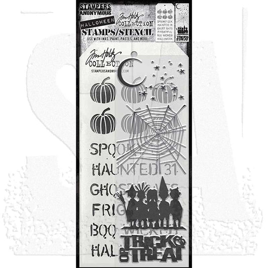 Halloween Cutouts - Clear Stamps and Stencil Set ... by Tim Holtz and Stampers Anonymous. Set of 5 (five) clear photopolymer stamps featuring silhouette of friends, spider web, sparkly stars, crescent moon, trick &amp; treat label plus 1 (one) combo stencil with 2 designs, for using in papercrafts, mixed media, journaling, scrapbooking and other creative arty adventures (THMM203).