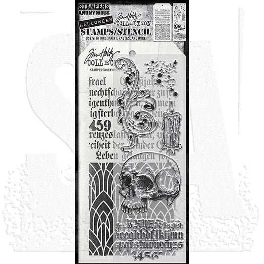 Foreboding - Clear Stamps and Stencil Set ... by Tim Holtz and Stampers Anonymous. Set of five (five) clear photopolymer stamps featuring a skull, candle, faded type, scroll and splatters plus 1 (one) combo stencil with 2 designs, for using in papercrafts, mixed media, journaling, scrapbooking and other creative arty adventures (THMM200).