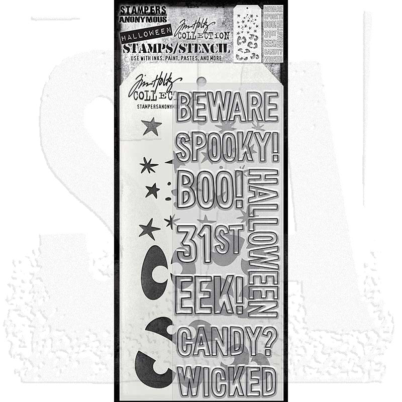 Halloween Outlines - Clear Stamps and Stencil Set ... by Tim Holtz and Stampers Anonymous. Set of 8 (eight) clear photopolymer stamps featuring 8 seasonal words in an outline styled typeface (uppercase) plus 1 (one) combo stencil with 2 designs, for using in papercrafts, mixed media, journaling, scrapbooking and other creative arty adventures (THMM199).