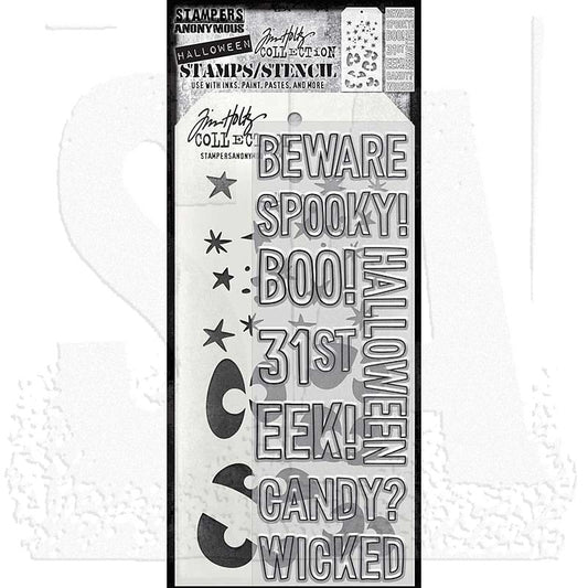 Halloween Outlines - Clear Stamps and Stencil Set ... by Tim Holtz and Stampers Anonymous. Set of 8 (eight) clear photopolymer stamps featuring 8 seasonal words in an outline styled typeface (uppercase) plus 1 (one) combo stencil with 2 designs, for using in papercrafts, mixed media, journaling, scrapbooking and other creative arty adventures (THMM199).