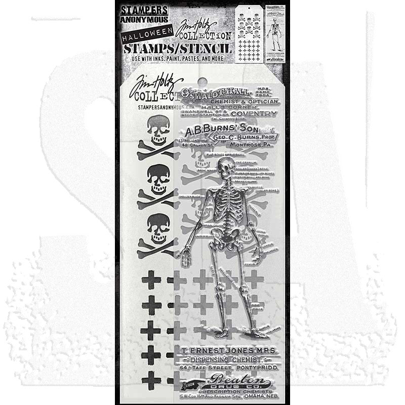 The Chemist - Clear Stamps and Stencil Set ... by Tim Holtz and Stampers Anonymous. Set of 5 (five) clear photopolymer stamps featuring walking skeleton with chemist labels plus 1 (one) combo stencil with 2 designs, for using in papercrafts, mixed media, journaling, scrapbooking and other creative arty adventures (THMM202).
