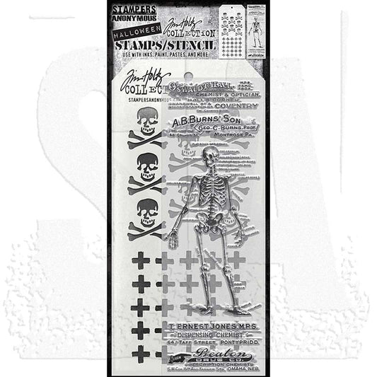 The Chemist - Clear Stamps and Stencil Set ... by Tim Holtz and Stampers Anonymous. Set of 5 (five) clear photopolymer stamps featuring walking skeleton with chemist labels plus 1 (one) combo stencil with 2 designs, for using in papercrafts, mixed media, journaling, scrapbooking and other creative arty adventures (THMM202).