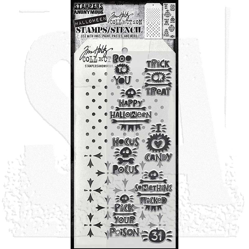 Halloween Tidbits - Clear Stamps and Stencil Set ... by Tim Holtz and Stampers Anonymous. Set of 8 (eight) clear photopolymer stamps featuring 8 wicked typographically styled sayings with icons plus 1 (one) combo stencil with 2 designs, for using in papercrafts, mixed media, journaling, scrapbooking and other creative arty adventures (THMM204).