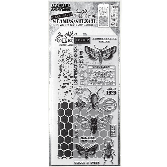 Entomology - Clear Stamps and Stencil Set ... by Tim Holtz and Stampers Anonymous. Set of clear photopolymer stamps featuring 19 (nineteen) designs of insects, bugs, ledger marks and field notes labels, plus 1 (one) combo stencil with 2 patterns, for using in papercrafts, mixed media, journaling, scrapbooking and other creative arty adventures (THMM111).