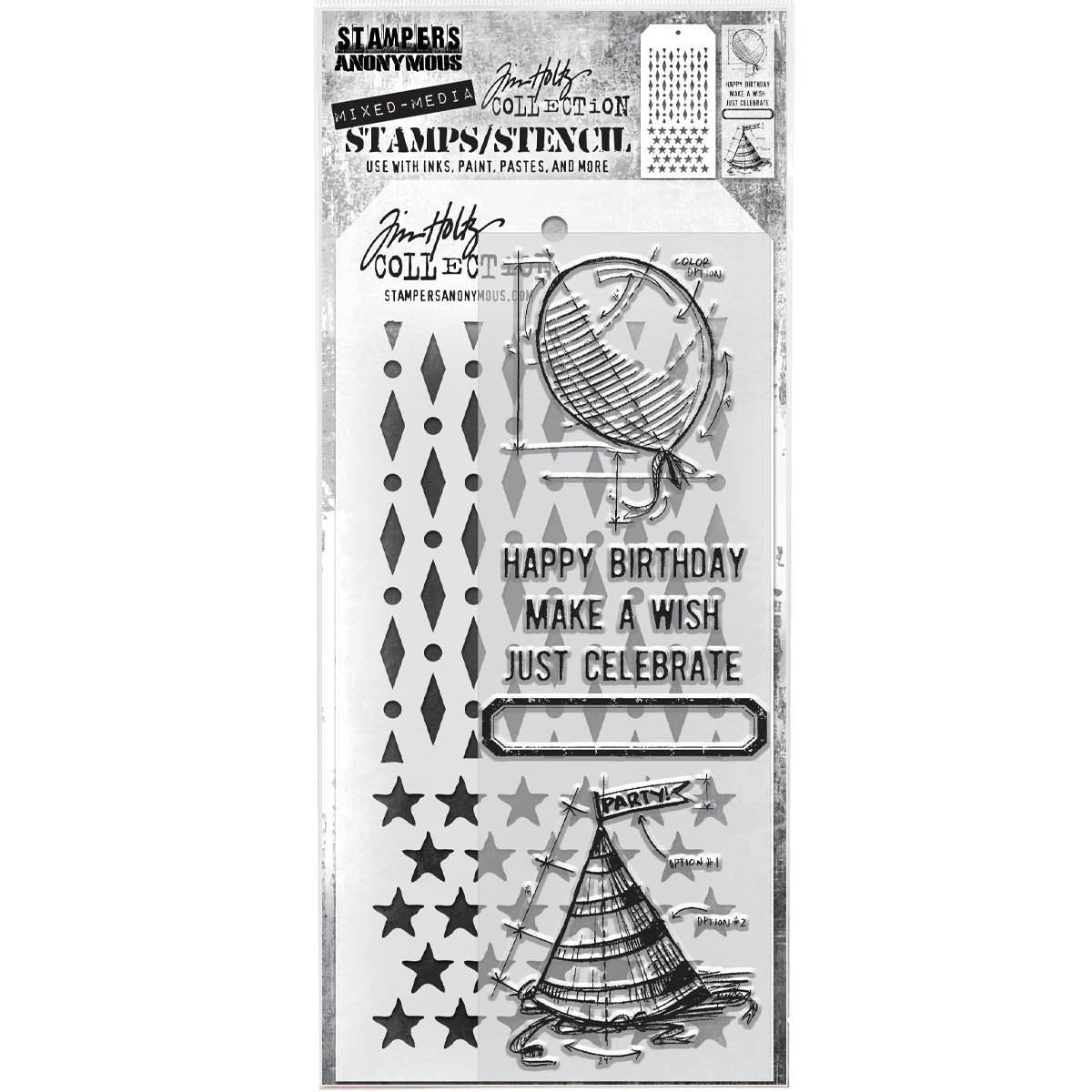 Birthday Blueprint - Clear Stamps and Stencil Set ... by Tim Holtz and Stampers Anonymous. Set of clear photopolymer stamps featuring 6 (six) birthday party designs, plus 1 (one) combo stencil with 2 patterns, for using in papercrafts, mixed media, journaling, scrapbooking and other creative arty adventures (THMM143).

This wonderful collection of versatile stamps are perfect to use all year long on cards, journals, backgrounds and on envelopes! 