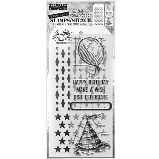Birthday Blueprint - Clear Stamps and Stencil Set ... by Tim Holtz and Stampers Anonymous. Set of clear photopolymer stamps featuring 6 (six) birthday party designs, plus 1 (one) combo stencil with 2 patterns, for using in papercrafts, mixed media, journaling, scrapbooking and other creative arty adventures (THMM143).

This wonderful collection of versatile stamps are perfect to use all year long on cards, journals, backgrounds and on envelopes! 