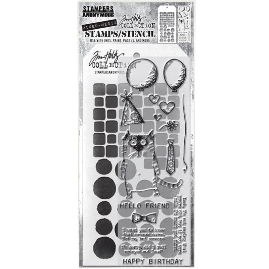 Snarky Cat THMM109 - birthday party time with our fave feline with balloons, hat, tie, bowtie, flower, string, hearts and various quotes. Tim Holtz Mixed Media Set includes clear photopolymer stamps and a custom layering stencil designed to add texture and imagery to your creativity. Use with your favourite inks, paints, sprays, and embossing pastes.