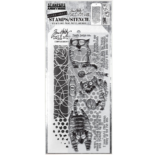 Snarky Cat THMM110 - everyday with milk bottle, fish bone, ball of wool, yarn or string, and various quotes. Tim Holtz Mixed Media Set includes clear photopolymer stamps and a custom layering stencil designed to add texture and imagery to your creativity. Use with your favourite inks, paints, sprays, and embossing pastes.