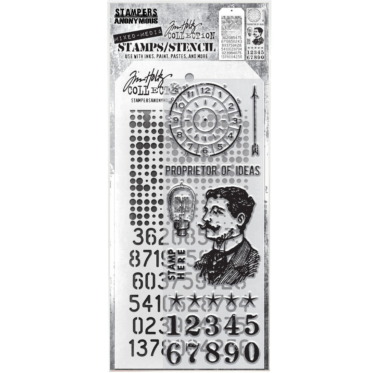 Proprietor of Ideas&nbsp; - Clear Stamps and Stencil Set ... by Tim Holtz and Stampers Anonymous. Set of clear photopolymer stamps featuring 8 (eight) designs, plus 1 (one) combo stencil with 2 patterns, for using in papercrafts, mixed media, journaling, scrapbooking and other creative arty adventures (THMM118). This wonderful collection of versatile stamps with the inventor, timer, numbers and lightbulb are great all year long! 