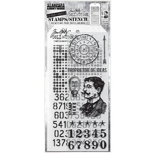 Proprietor of Ideas&nbsp; - Clear Stamps and Stencil Set ... by Tim Holtz and Stampers Anonymous. Set of clear photopolymer stamps featuring 8 (eight) designs, plus 1 (one) combo stencil with 2 patterns, for using in papercrafts, mixed media, journaling, scrapbooking and other creative arty adventures (THMM118). This wonderful collection of versatile stamps with the inventor, timer, numbers and lightbulb are great all year long! 