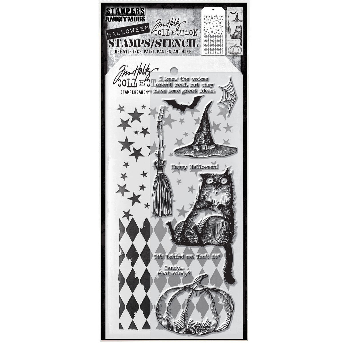 Snarky Cat THMM125 - Halloween themed feline with broomstick, hat, bat, web, pumpkin and various quotes. Tim Holtz Mixed Media Set includes clear photopolymer stamps and a custom layering stencil designed to add texture and imagery to your creativity. Use with your favourite inks, paints, sprays, and embossing pastes.