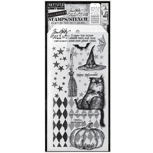 Snarky Cat THMM125 - Halloween themed feline with broomstick, hat, bat, web, pumpkin and various quotes. Tim Holtz Mixed Media Set includes clear photopolymer stamps and a custom layering stencil designed to add texture and imagery to your creativity. Use with your favourite inks, paints, sprays, and embossing pastes.