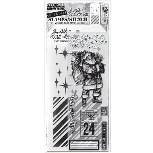 Vintage Holidays - Clear Stamps and Stencil Set ... by Tim Holtz and Stampers Anonymous. Set of clear photopolymer stamps featuring 7 (seven) beautiful Christmas designs plus 1 (one) combo stencil with 2 patterns, for using in cardmaking, junk journals, papercrafts, mixed media, journaling, scrapbooking and other creative arty adventures (THMM131). Images include Father Christmas, labels and stars.