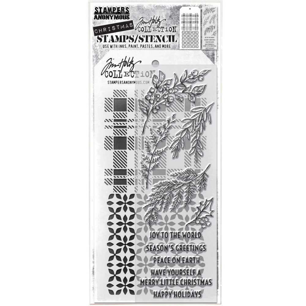 Sketch Greenery - Clear Stamps and Stencil Set ... by Tim Holtz and Stampers Anonymous. Set of clear photopolymer stamps featuring 10 (ten) beautiful Christmas designs plus 1 (one) combo stencil with 2 patterns, for using in cardmaking, junk journals, papercrafts, mixed media, journaling, scrapbooking and other creative arty adventures (THMM132). 

This wonderful selection of designs include five finely illustrated branches of foliage and five greetings in an uppercase typestyle. 