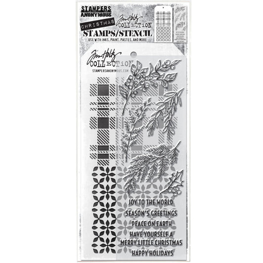 Sketch Greenery - Clear Stamps and Stencil Set ... by Tim Holtz and Stampers Anonymous. Set of clear photopolymer stamps featuring 10 (ten) beautiful Christmas designs plus 1 (one) combo stencil with 2 patterns, for using in cardmaking, junk journals, papercrafts, mixed media, journaling, scrapbooking and other creative arty adventures (THMM132). 

This wonderful selection of designs include five finely illustrated branches of foliage and five greetings in an uppercase typestyle. 