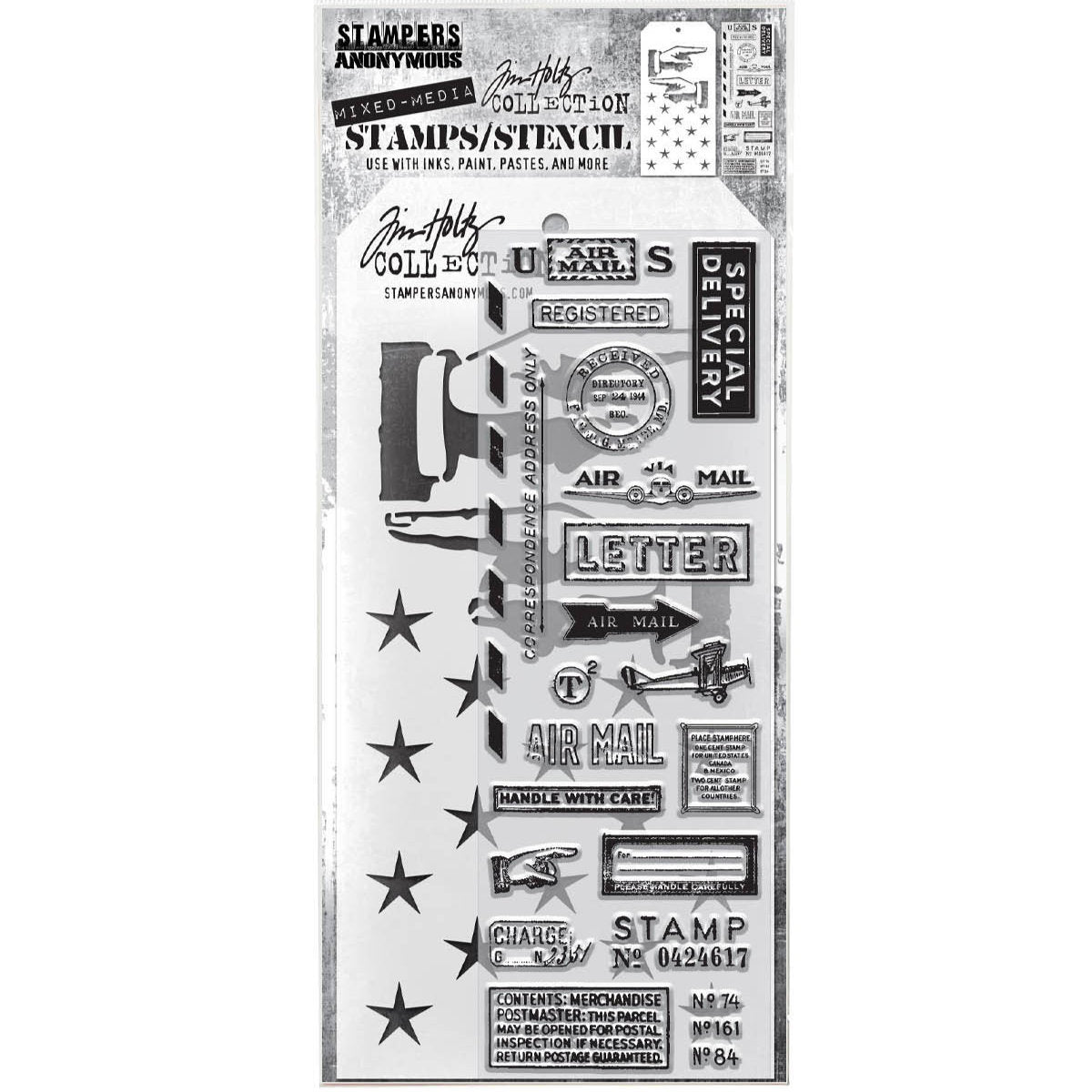 Correspondence - Clear Stamps and Stencil Set ... by Tim Holtz and Stampers Anonymous. Set of clear photopolymer stamps featuring 20 (twenty) mail art and postmark designs, plus 1 (one) combo stencil with 2 patterns, for using in papercrafts, mixed media, journaling, scrapbooking and other creative arty adventures (THMM141). Stamps include a biplane, airmail, pointing hand, special delivery and labels.