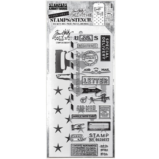 Correspondence - Clear Stamps and Stencil Set ... by Tim Holtz and Stampers Anonymous. Set of clear photopolymer stamps featuring 20 (twenty) mail art and postmark designs, plus 1 (one) combo stencil with 2 patterns, for using in papercrafts, mixed media, journaling, scrapbooking and other creative arty adventures (THMM141). Stamps include a biplane, airmail, pointing hand, special delivery and labels.