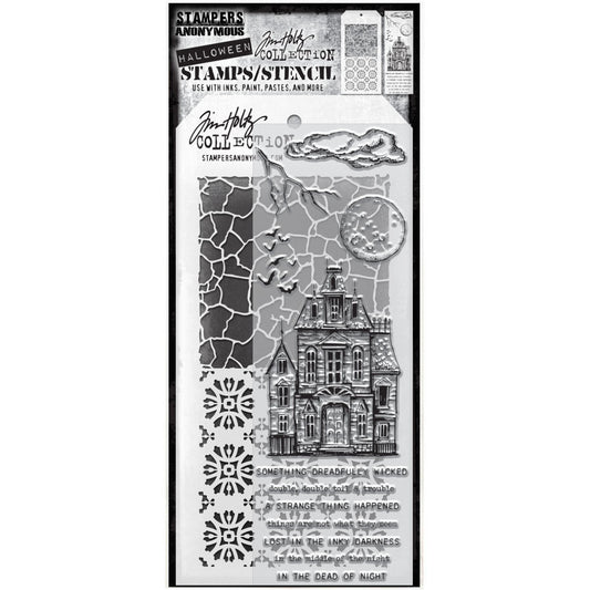 Haunted Manor - Clear Stamps and Stencil Set ... by Tim Holtz and Stampers Anonymous. Set of clear photopolymer stamps featuring 12 (twelve) Halloween designs plus 1 (one) combo stencil with 2 patterns, for using in papercrafts, mixed media, journaling, scrapbooking and other creative arty adventures (THMM149). This versatile collection of Halloween themed stamps features a haunted manor (old house with multiple stories and attics), full moon, fluff of clouds, twiggy branch, flock of bats,  sayings.