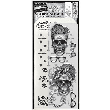Wicked Hipsters - Clear Stamps and Stencil Set ... by Tim Holtz and Stampers Anonymous. Set of clear photopolymer stamps featuring 6 (six) fun Halloween designs of two old friends plus 1 (one) combo stencil with 2 patterns, for using in papercrafts, mixed media, journaling, scrapbooking and other creative arty adventures (THMM171).

This versatile collection of Halloween themed stamps features two old friends - Wicked Hipster grinning skulls with trendy accessories and hairdos. Smaller than the originals :)