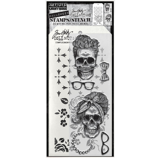 Wicked Hipsters - Clear Stamps and Stencil Set ... by Tim Holtz and Stampers Anonymous. Set of clear photopolymer stamps featuring 6 (six) fun Halloween designs of two old friends plus 1 (one) combo stencil with 2 patterns, for using in papercrafts, mixed media, journaling, scrapbooking and other creative arty adventures (THMM171).

This versatile collection of Halloween themed stamps features two old friends - Wicked Hipster grinning skulls with trendy accessories and hairdos. Smaller than the originals :)