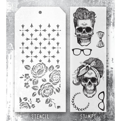 Wicked Hipsters - Clear Stamps and Stencil Set ... by Tim Holtz and Stampers Anonymous. Set of clear photopolymer stamps featuring 6 (six) fun Halloween designs of two old friends plus 1 (one) combo stencil with 2 patterns, for using in papercrafts, mixed media, journaling, scrapbooking and other creative arty adventures (THMM171).

This versatile collection of Halloween themed stamps features two old friends - Wicked Hipster grinning skulls with trendy accessories and hairdos. Smaller than the originals :)