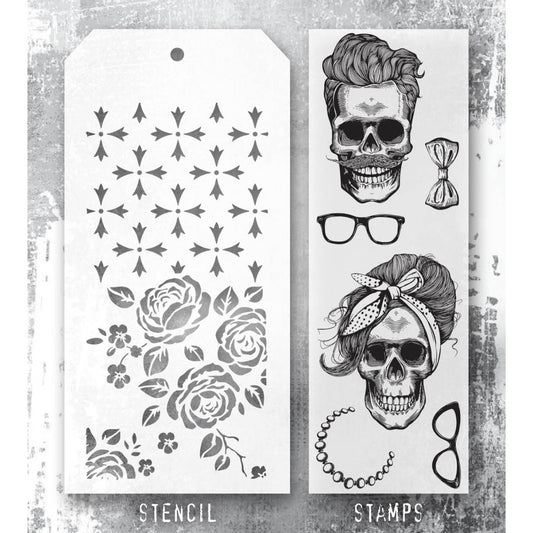 Wicked Hipsters - Clear Stamps and Stencil Set ... by Tim Holtz and Stampers Anonymous. Set of clear photopolymer stamps featuring 6 (six) fun Halloween designs of two old friends plus 1 (one) combo stencil with 2 patterns, for using in papercrafts, mixed media, journaling, scrapbooking and other creative arty adventures (THMM171).

This versatile collection of Halloween themed stamps features two old friends - Wicked Hipster grinning skulls with trendy accessories and hairdos. Smaller than the originals :)