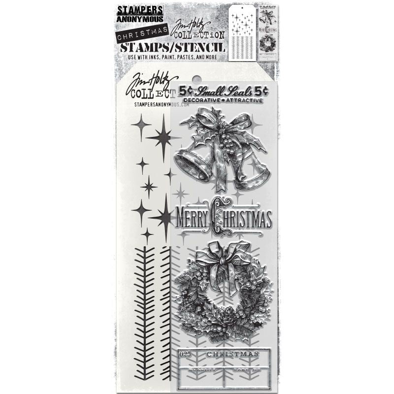 Department Store - Clear Stamps and Stencil Set ... by Tim Holtz and Stampers Anonymous. Set of clear photopolymer stamps featuring 5 (five) beautiful Christmas designs plus 1 (one) combo stencil with 2 patterns, for using in cardmaking, junk journals, papercrafts, mixed media, journaling, scrapbooking and other creative arty adventures (THMM177). This wonderful selection of designs includes a pair of beautiful bells tied with ribbons and holly leaves, a wreath made of foliage and ribbons, and 3 labels.
