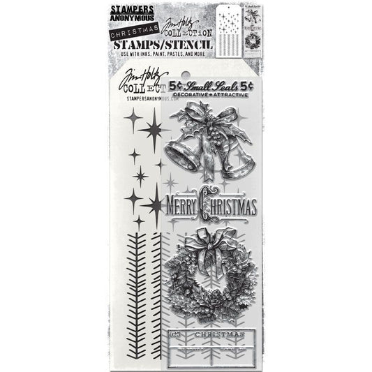 Department Store - Clear Stamps and Stencil Set ... by Tim Holtz and Stampers Anonymous. Set of clear photopolymer stamps featuring 5 (five) beautiful Christmas designs plus 1 (one) combo stencil with 2 patterns, for using in cardmaking, junk journals, papercrafts, mixed media, journaling, scrapbooking and other creative arty adventures (THMM177). This wonderful selection of designs includes a pair of beautiful bells tied with ribbons and holly leaves, a wreath made of foliage and ribbons, and 3 labels.
