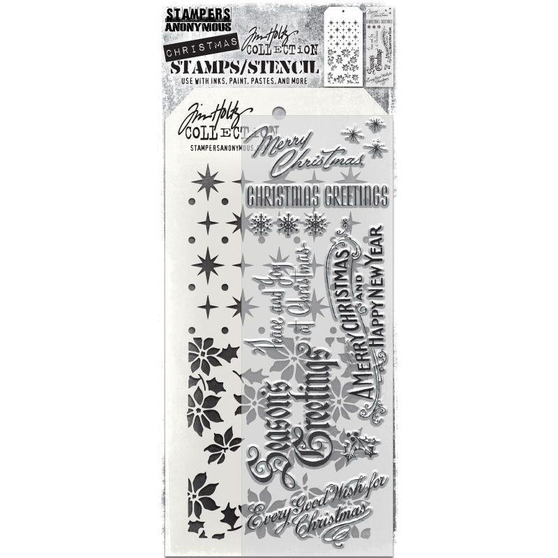 Vintage Christmas - Clear Stamps and Stencil Set ... by Tim Holtz and Stampers Anonymous. Set of clear photopolymer stamps featuring 9 (nine) beautiful Christmas designs plus 1 (one) combo stencil with 2 patterns, for using in cardmaking, junk journals, papercrafts, mixed media, journaling, scrapbooking and other creative arty adventures (THMM180). This wonderful selection of designs includes messages and greetings for the festive season in a wide variety of typestyles, both modern and traditional.