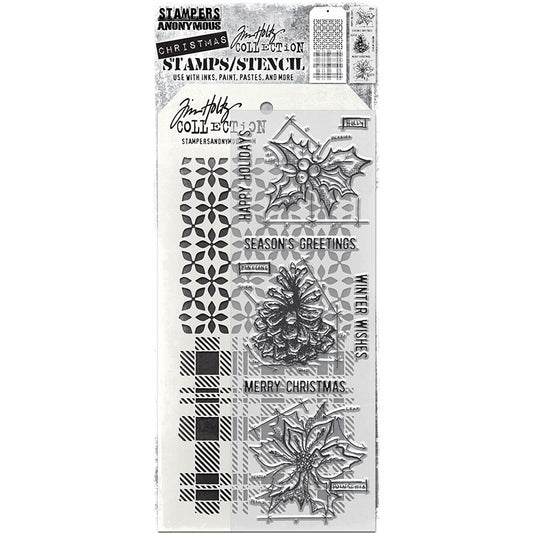 Blueprint of Holly, Pinecone, Poinsettia - Clear Stamps and Stencil Set ... by Tim Holtz and Stampers Anonymous. Set of clear photopolymer stamps featuring 6 (six) Christmas designs plus 1 (one) combo stencil with 2 patterns, for using in cardmaking, junk journals, papercrafts, mixed media, journaling, scrapbooking and other creative arty adventures (THMM192). This wonderful selection of designs includes blueprint style images of holly with berries, pinecone and poinsettia flower, greetings in uppercase.